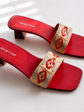 Sergio Rossi Red and Tan Geometric Embellished Slide Mules
